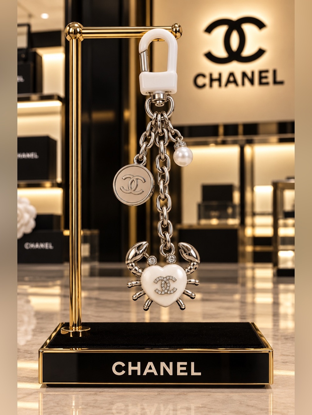 White Charm Keychain with Pearl Accent
